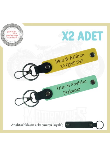 Araba ve Motosiklet Sahiplerine Uygun X2 Anahtarlık – Isim & Plaka Yazılı, Yeşil-Sarı-Syh