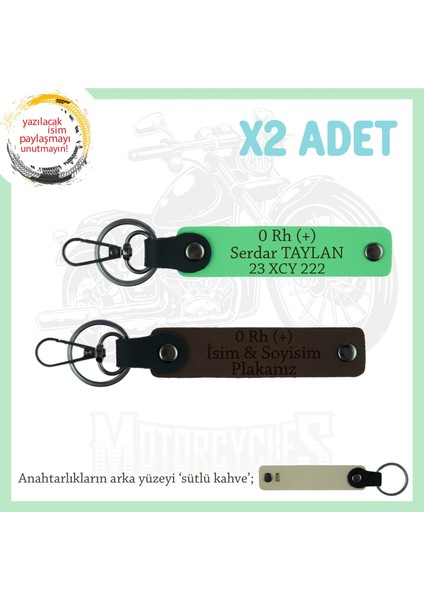 Hız Severlere Isim Plaka ve 0 Rh (+) Kan Grubu Yazılı Motorcu X2 Anahtarlık, K Kahve-F Yeşil-Sk
