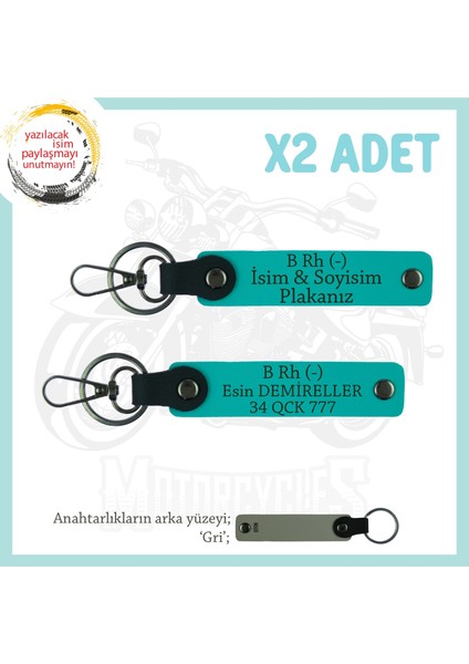 Yol Arkadaşlarına Özel Isim Plaka, B Rh (-) Kan Grubu Yazılı Kişiye Özel X2 Anahtarlık, K Turkuaz-Gr