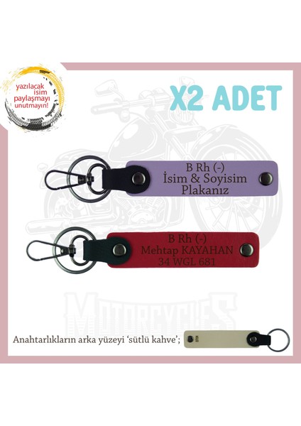 Yol Arkadaşlarına Özel, Isim Plaka ve B Rh (-) Kan Grubu, Kişisel X2' Li Anahtarlık, Mor-Kırmızı-Sk