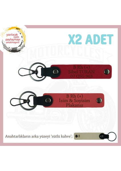 Motorcu Yolculara, Isim Plaka ve B Rh (+) Kan Grubu Yazılı Deri X2 Anahtarlık, Nar Çiçeği-Kırmızı-Sk