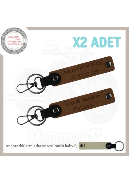 Motor Tutkunlarına Isim ve Plaka Yazılı Özel Üretim X2 Deri Anahtarlık, Hediyelik, Kahve-S Kahve