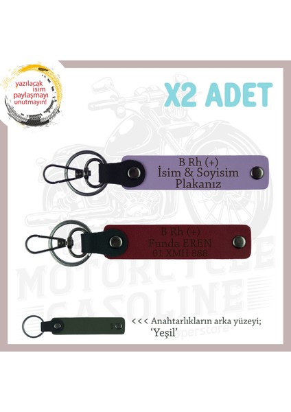 Otomobil Sahipleri Için Isim Plaka ve B Rh (+) Kan Grubu Yazılı 2' Li Anahtarlık Set, Mor-Bordo-Ysl
