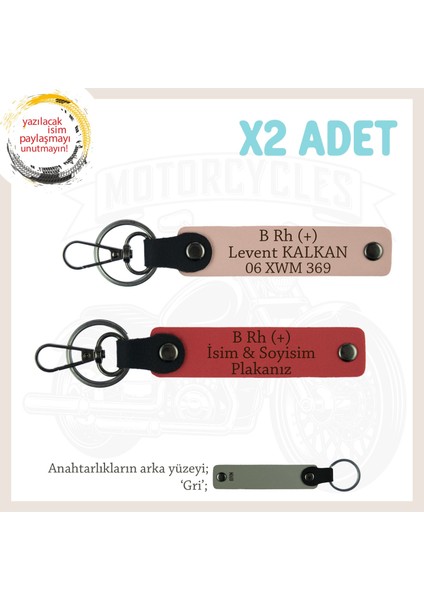 Sürücü Için Isim Plaka ve B Rh (+)Kan Grubu Yazılı Acil Durum X2 Anahtarlık, Nar Çiçeği-Yavruağzı-Gr