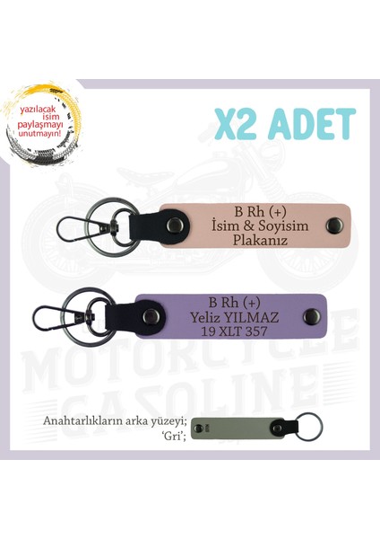 Motor Tutkunlarına Özel Isim Plaka ve B Rh (+) Kan Grubu Yazılı X2 Anahtarlık, Yavruağzı-Mor-Gr
