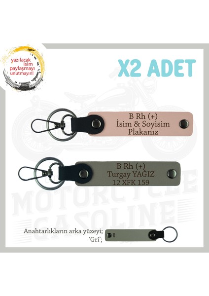 Motorcu Sevgiliye Hediye Isim Plaka ve B Rh (+) Kan Grubu Yazılı X2 Anahtarlık, Yavruağzı-Kül Gri-Gr