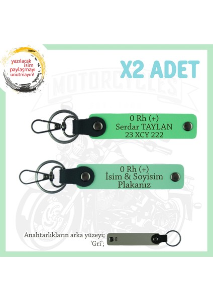 Motosiklet Aşıklarına Özel, Isim Plaka ve 0 Rh (+) Kan Grubu Yazılı X2 Anahtarlık, Yeşil-F Yeşil-Gr