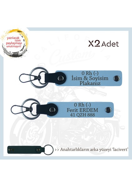 Yol Arkadaşlarına, Isim Plaka ve 0 Rh - Kan Grubu Yazılı Acil Durum X2 Anahtarlık Takımı, Mavi-Laci