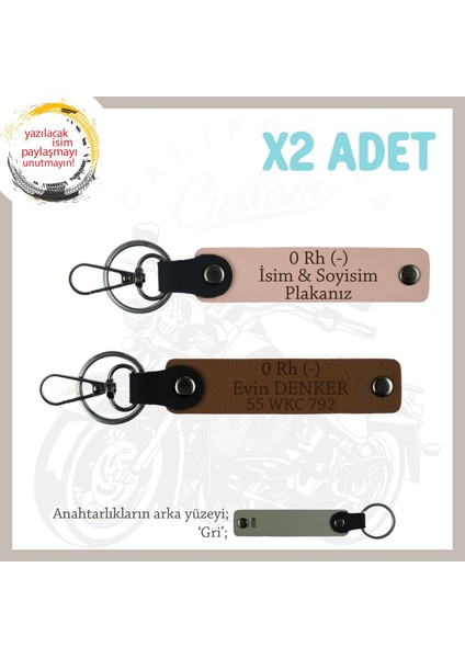 Motorcu Tarzına Özel, Isim Plaka ve 0 Rh (-) Kan Grubu Işlenmiş 2'li Anahtarlık, Yavruağzı-Kahve-Gr