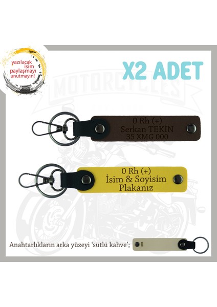 Motorcu Dostlara Özel Isim Plaka, 0 Rh (+) Kan Grubu Yazılı Hediyelik X2 Anahtarlık, Sarı-K Kahve-Sk