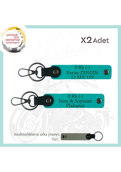 Yol Arkadaşlarına Özel Isim Plaka, 0 Rh (-) Kan Grubu Yazılı Kişiye Özel X2 Anahtarlık, K Turkuaz-Gr