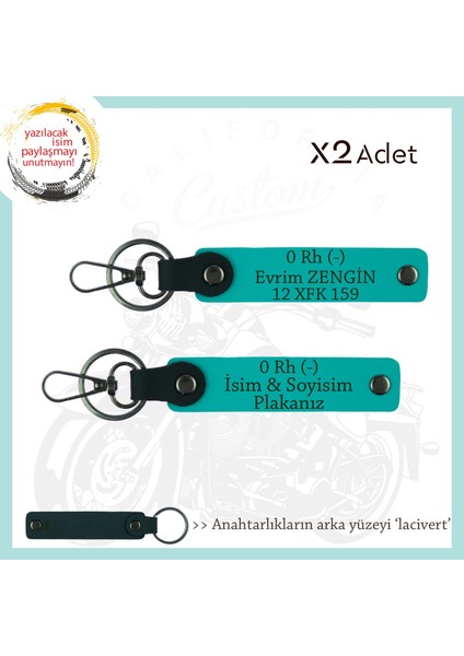 Yol Arkadaşlarına, Isim Plaka ve 0 Rh (-) Kan Grubu Yazılı Kişiye Özel X2 Anahtarlık, K Turkuaz-Laci