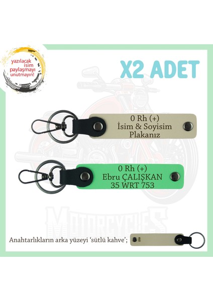 Motorcu Tarzı Plakalı & Isimli Deri X2' Li Anahtarlık, 0 Rh (+) Kan Grubu Ile, S Kahve-F Yeşil-Sk