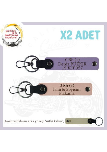 Motor Tutkunlarına Özel Isim Plaka ve 0 Rh (+) Kan Grubu Yazılı X2 Anahtarlık, Yavruağzı-Mor-Sk