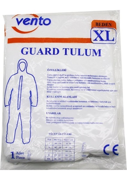 AYDOGANTICARET44 Vento Xl Guard Koruyucu Tulum Beyaz - Hafif - Non-Woven Kumaş Boy: 179-187CM - Göğüs: 108-115CM