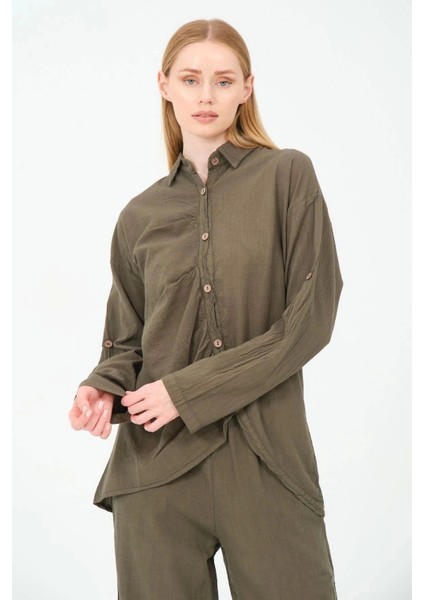 Asimetrik Kesim Pamuk Gömlek-Haki