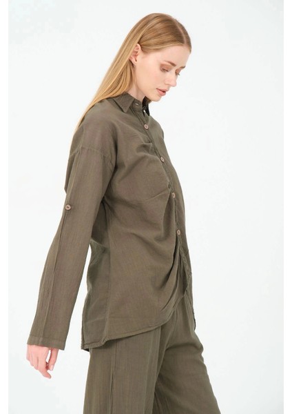 Asimetrik Kesim Pamuk Gömlek-Haki fiyatları