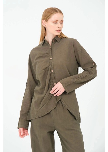 Asimetrik Kesim Pamuk Gömlek-Haki modelleri