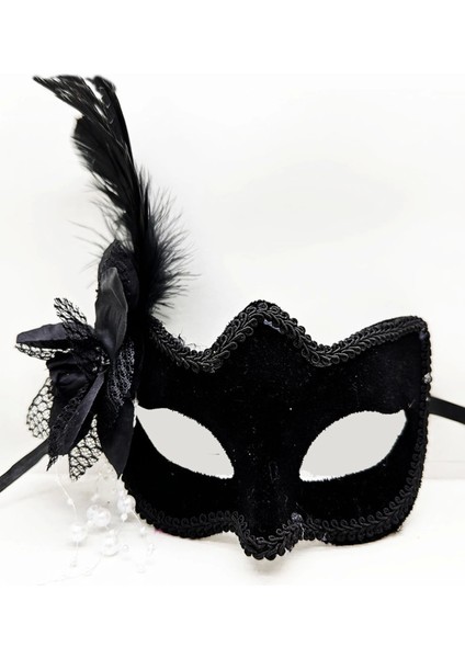 Siyah Renk Yandan Tüylü Beyaz Incili Süet Kaplama Lüks Parti Maskesi 20X23 cm (4887)