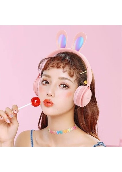 AYDOGANTICARET44 MZ08R Kulak Üstü Bluetooth Kulaklık (Kedi-Tavşan) (Pembe)