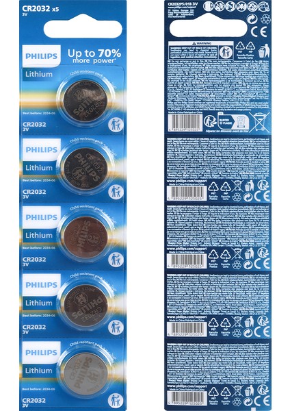 Phılıps CR2032 3V Lityum Mini Düğme Para Pil (Blister 5li Paket) (5067)
