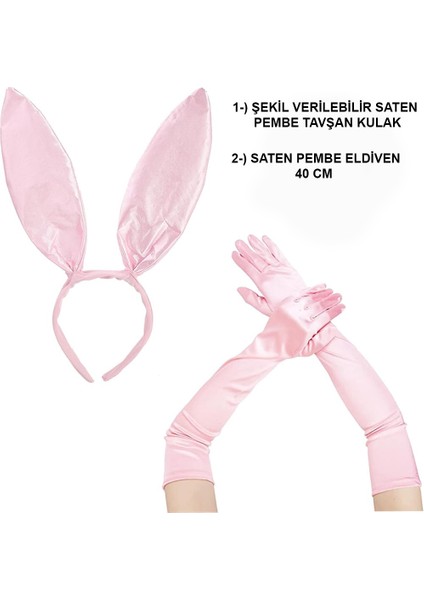 Saten Kaplama Soft Pembe Eldiven 40 cm ve Tavşan Kulak 2 Li Set
