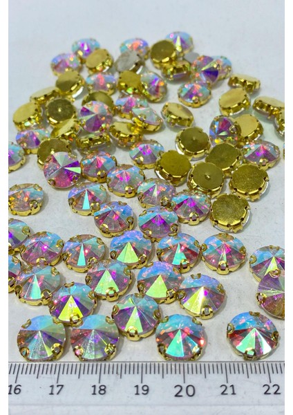 Janjanlı Gold Yuvarlak Kasalı Dikme Cam Taş Kristal Boncuk 10 Adet