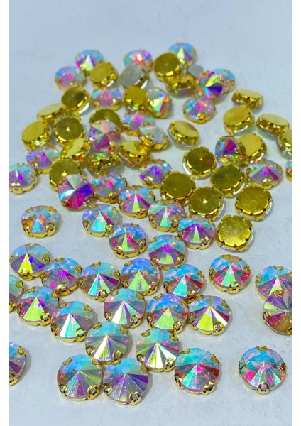 Janjanlı Gold Yuvarlak Kasalı Dikme Cam Taş Kristal Boncuk 10 Adet