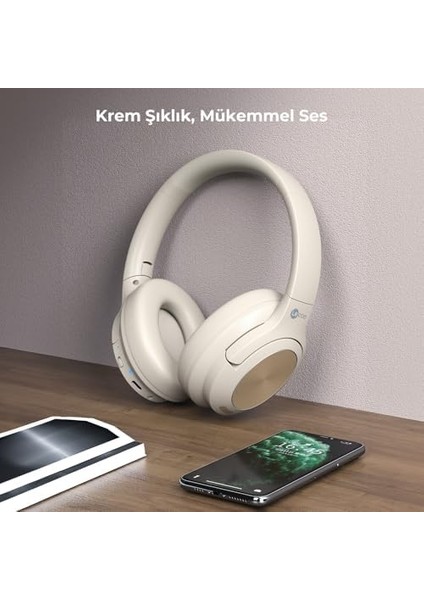 ES208 Kablosuz Bluetooth 5.3 Mikrofonlu Katlanabilir Kulak Üstü Kulaklık - Bt/aux/girişi, Rahat ve Terletmeyen Kulak Yastıkları, 20 Saate Kadar Dinleme Süresi, Kulak Üstü Kulaklık Krem