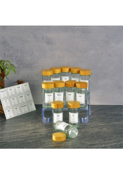 Basic Cam Tuzluk - 12 Li Tuzluk Biberlik Baharatlık Bambu Kapaklı 90 Ml.etiketli