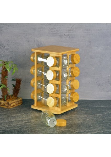 Bambu Standlı Basic Cam Tuzluk - 16 Lı Tuzluk Biberlik Baharatlık Kare 125 Ml.