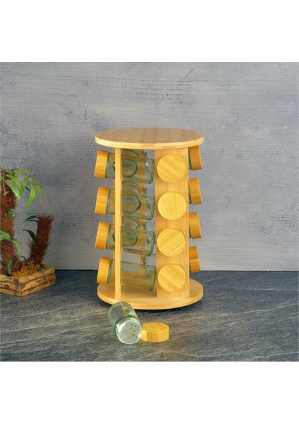 Bambu Standlı Basic Cam Tuzluk - 16 Lı Tuzluk Biberlik Baharatlık Yuvarlak 125 Ml.