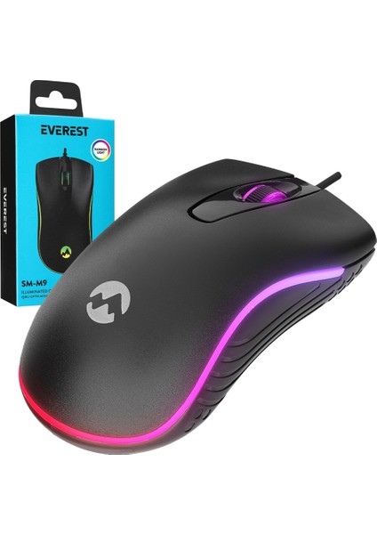 AYDOGANTICARET44 Everest Sm-M9 1000 Dpı USB Rgb Rainbow Ledli Siyah 3D Optik LED Mouse
