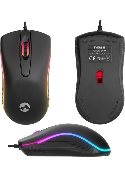 AYDOGANTICARET44 Everest Sm-M9 1000 Dpı USB Rgb Rainbow Ledli Siyah 3D Optik LED Mouse