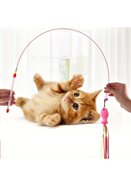 Bakgelal Doğal Tüylü Kedi Oltası – Zilli Interaktif Kedi Oyuncağı 90 Cm, Hareketli Uzun Esnek Tel, Kediler Için Oyuncak Oyun Oltası,