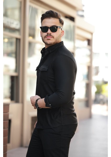 Erkek Çift Cepli Çıtçıt Düğmeli Uzun Kollu Gömlek