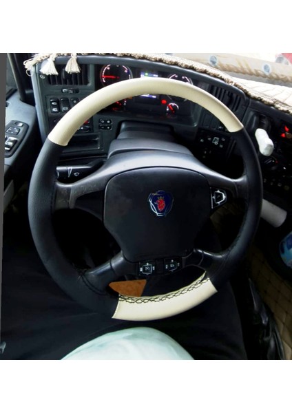 Dikişli Direksiyon Kılıfı Krem Deri Siyah Deri / Dikişli Scania Tır Kamyon (Fotoğraftaki) Için