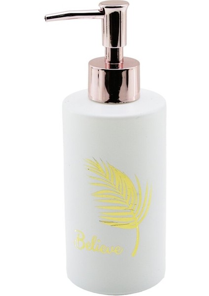 AYDOGANTICARET44 Cam Yuvarlak - Beyaz Şişe--Gold Yaprak Desen Sıvı Sabunluk 350ML Bronz Plastik Pompa