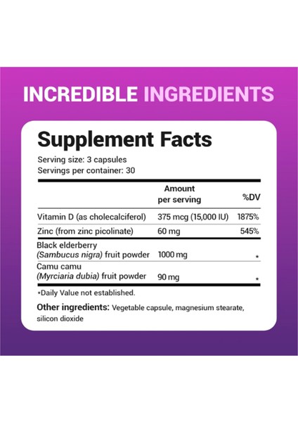 Black Elderberry 15,000 Iu Vitamin D, 60 Mg Of Zinc, & 90 Mg Of Camu Camu Sambucus Elderberry Immune Support - 90 Capsules fiyatları