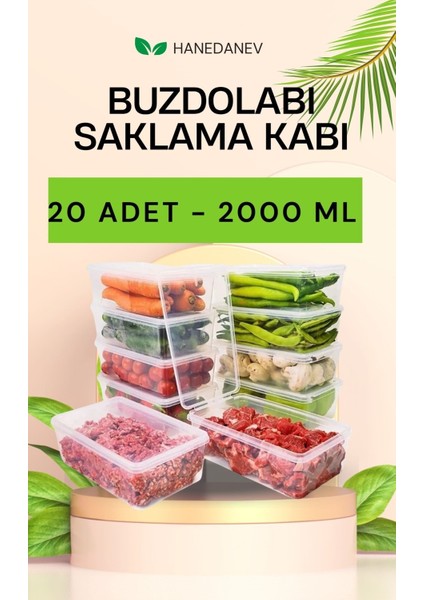 20 Adet 2000 ml Kapaklı Derin Dondurucu Difriz Saklama Kabı - Buzdolabı Düzenleyici 2 Litre Kapaklı