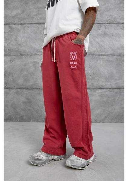 Kırmızı Acs Street Yazılı Yıkamalı Baggy Eşofman Altı
