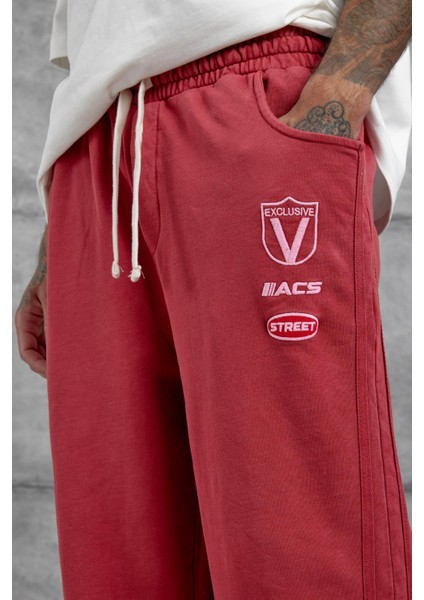 Kırmızı Acs Street Yazılı Yıkamalı Baggy Eşofman Altı