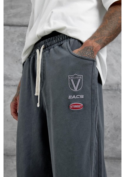 Füme Acs Street Yazılı Yıkamalı Baggy Eşofman Altı