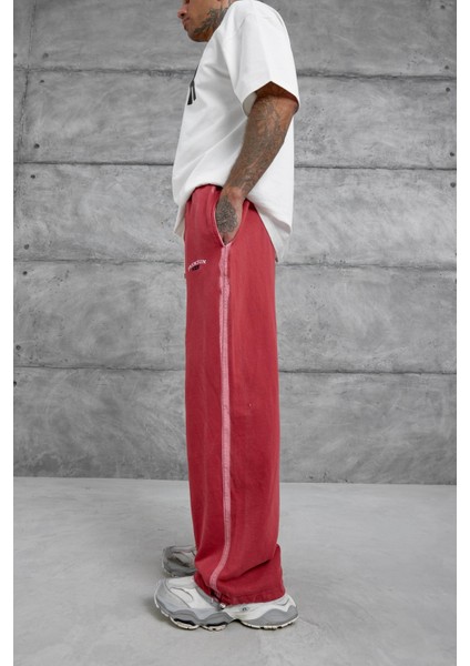 Kırmızı Paça Lastikli Yıkamalı Baggy Eşofman Altı