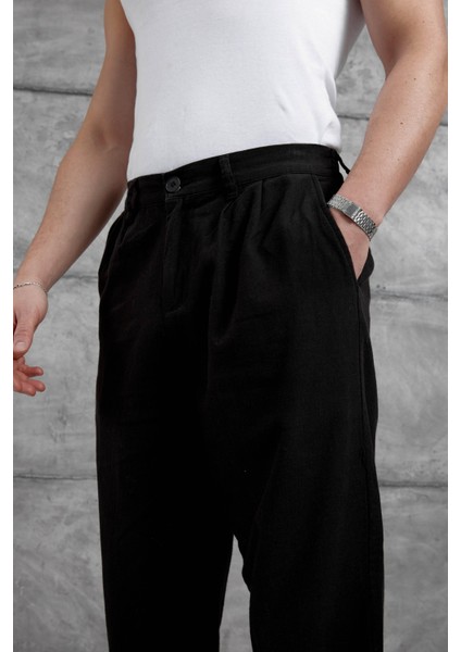 Siyah Baggy Kalıp Keten Pantolon