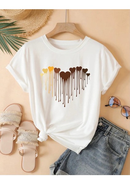 Özel Üretim Kalp Baskılı Yeni Stil Kız Çocuk Ter Tutmayan Yazlık T-Shırt