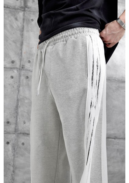 Gri Fırça Şeritli Baggy Eşofman