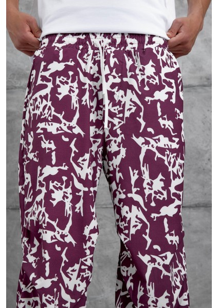 Bordo Kamuflaj Desenli Paça Büzgülü Baggy Eşofman Altı