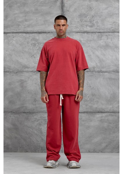 Kırmızı Yıkamalı Basic Baggy Eşofman