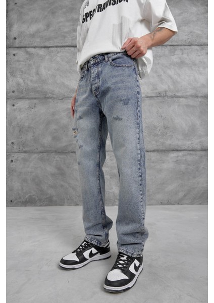 Mavi Yırtık Detaylı Baggy Jean